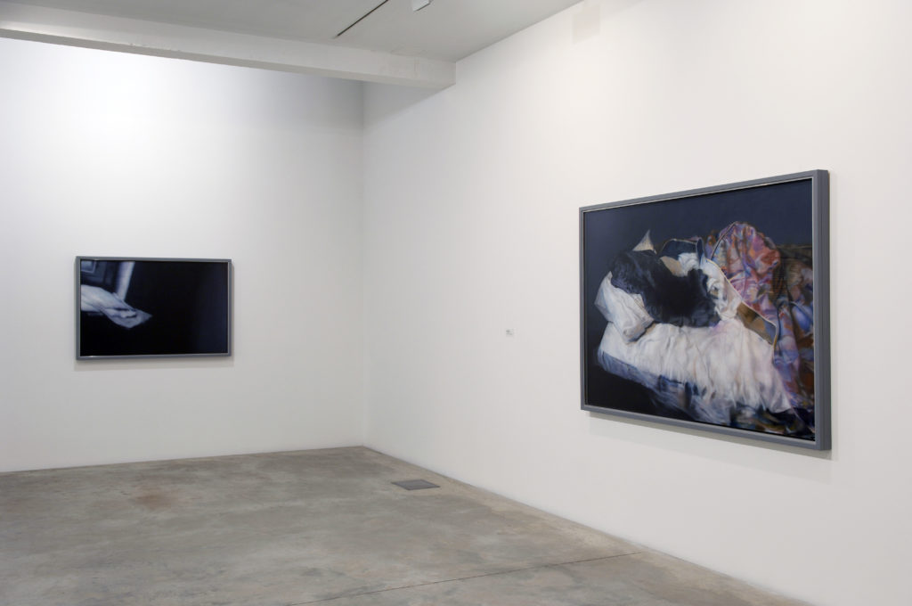 Johannes Kahrs, Falling Paper, 2005, and Therapy (Bed), 2005, installation view at Parasol unit, London, 2006. Photography by Hugo Glendinning
