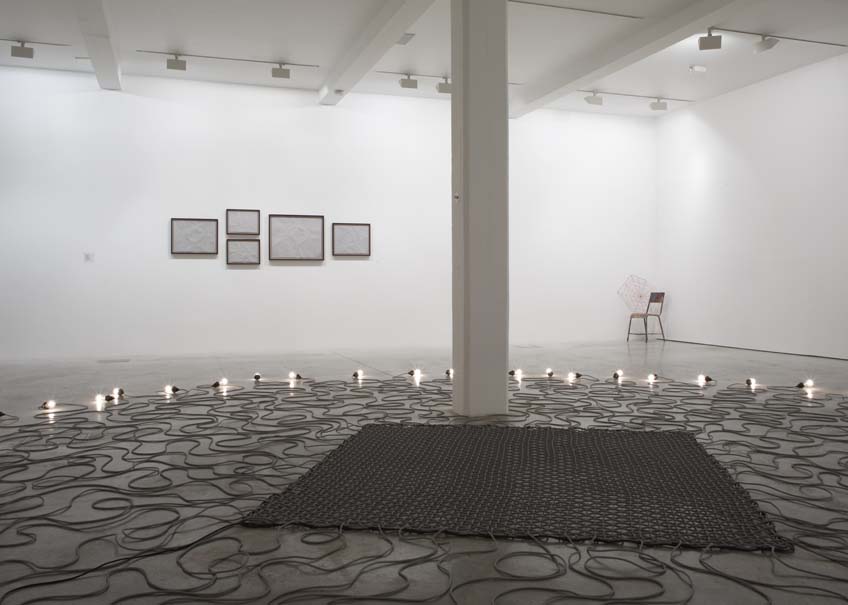 Mona Hatoum, Untitled, 1996 (left), Static, 2006 (right), and Undercurrent, 2004. Installation view at Parasol unit, London, 2008.

