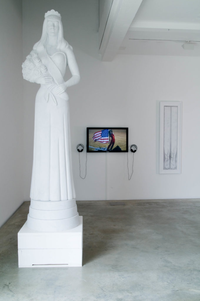 Rachel Hovnanian, Beauty Queen Totem, 2009, Who&#8217;s to Judge?, 2009, and Simone&#8217;s Gloves, 2009 (left to right), installation view at Parasol unit, London, 2009. Photography by Raine Smith
