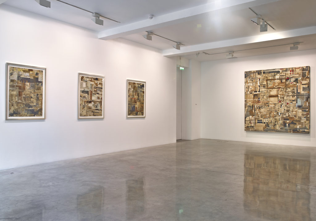 Shinro Ohtake, Time Memory 12, 2011, Time Memory 11, 2011, Time Memory 9, 2011, and Time Memory 14, 2012 (left to right), installation view at Parasol unit, London, 2014. Photography by Stephen White.
