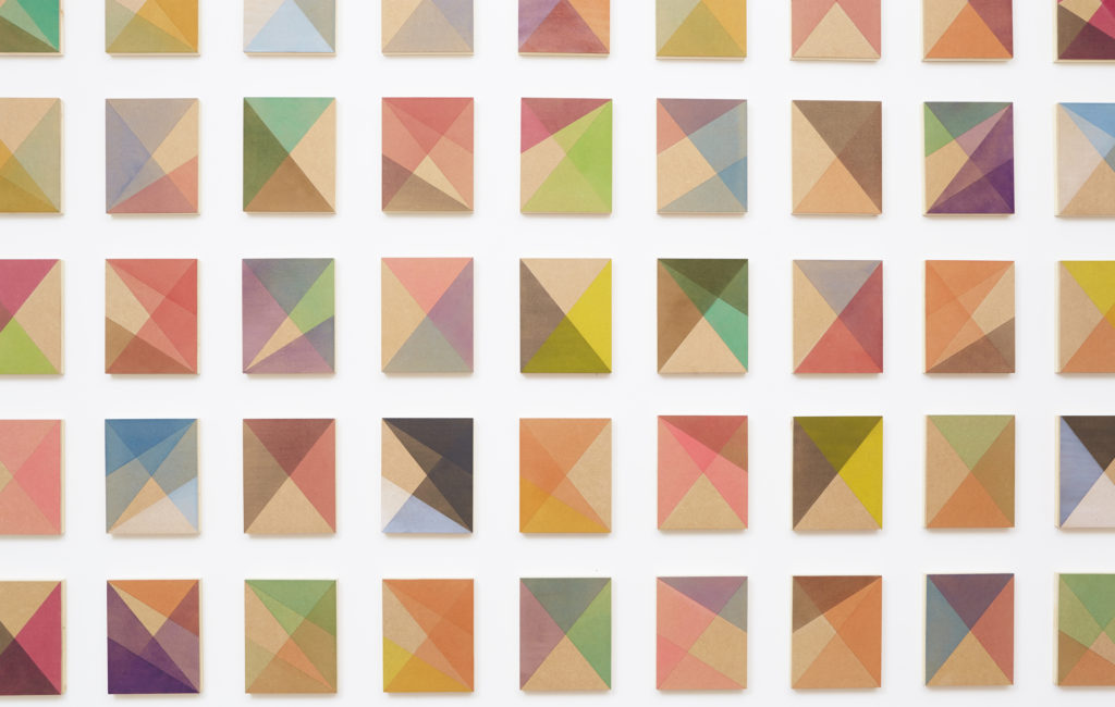 Rana Begum, No. 680, Painting, 2016. Acrylic paint on MDF, Each of 54 Panels: 25 x 20 x 4cm space 10cm apartGrouped: 200 x 260 x 4cm. Each of 54 Panels: 31½ x 10 x 1¾ in Grouped: 78¾ x 101½ x 1¼ in. Courtesy of the artist. Photograph by Begum Studio.
