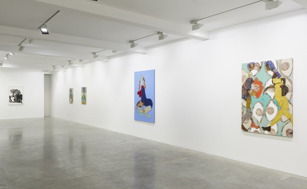 Tschabalala Self, Spare Moment, 2015 (right), Cross, 2016 (centre). Installation view at Parasol unit, London, 2017. Photography by Philip White
