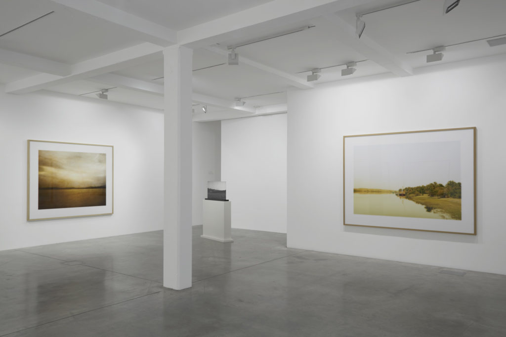 Elger Esser, Sea of Galilee II, Israel, 2015, Bazouriye, Lebanon, 2015, and El Kab II, Egypt, 2011 (left to right), installation view at Parasol unit, London, 2017. Photography by Ben Westoby
