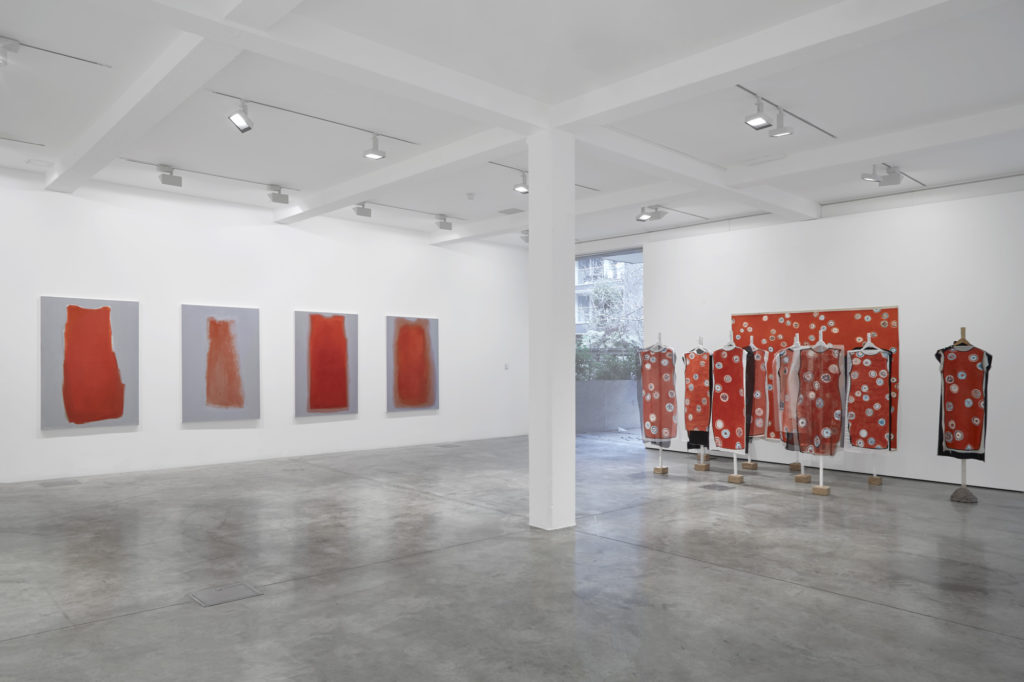 Lisa Milroy, Red, 2017, and Party of One, 2013, installation view at Here &amp; There: Paintings by Lisa Milroy, Parasol unit, London, 2018. Photography by Benjamin Westoby.
