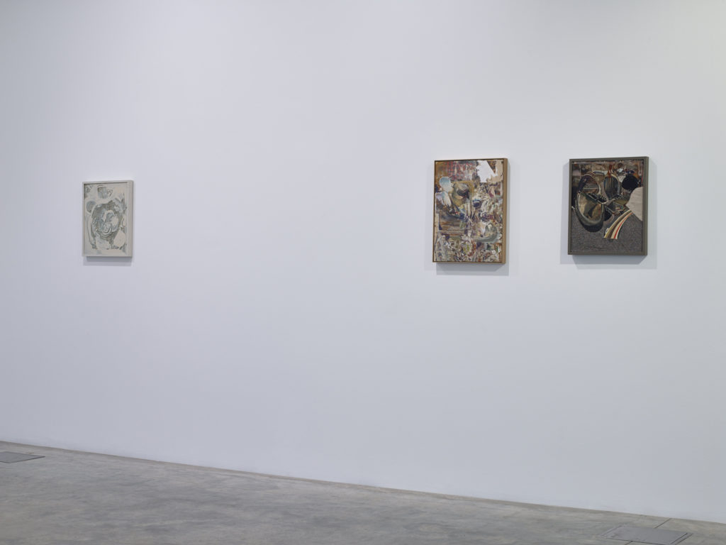 Katy Moran, Panther Cat, 2011, the truman show, 2011, and brain dance, 2011 (left to right), installation view at Parasol unit, London, 2015. Photography by Stephen White.
