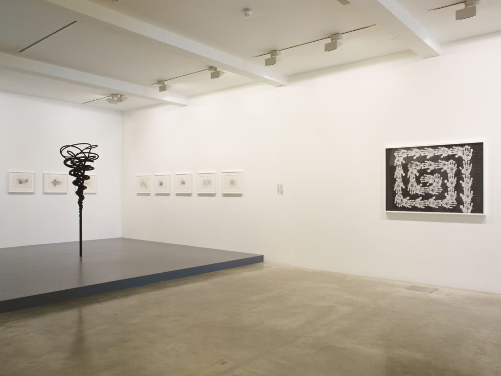Conrad Shawcross, Harmonic Manifold 1 (5:4), 2011, and Harmonic Drawings, 2004, and Richard Long, Untitled, 2010 (right), installation view at Lines of Thought, Parasol unit, London, 2012. Photography by Stephen White
