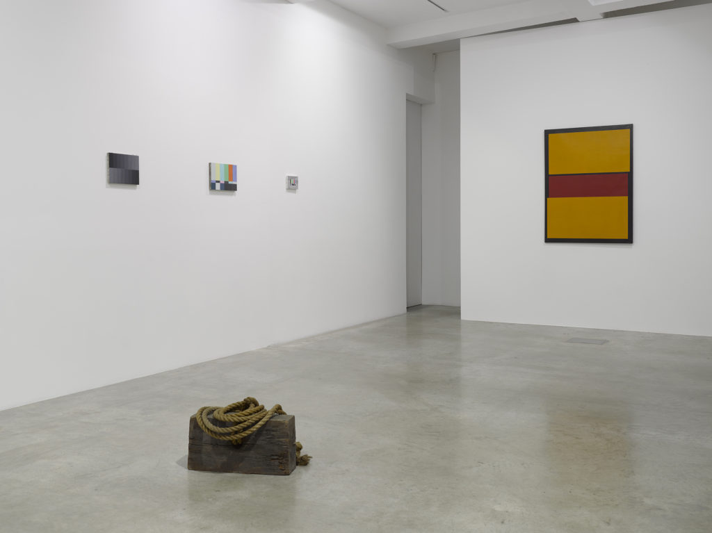 Francis Alÿs, Untitled, 2012, Untitled, 2011, and Untitled, 2012, Bernd Lohaus, Untitled, c.1970, Amédée Cortier, Kleurvlak 1, 1968 (left to right), installation view at The Gap: Selected Abstract Art from Belgium, Parasol unit, London, 2015. Photography by Jack Hems.
