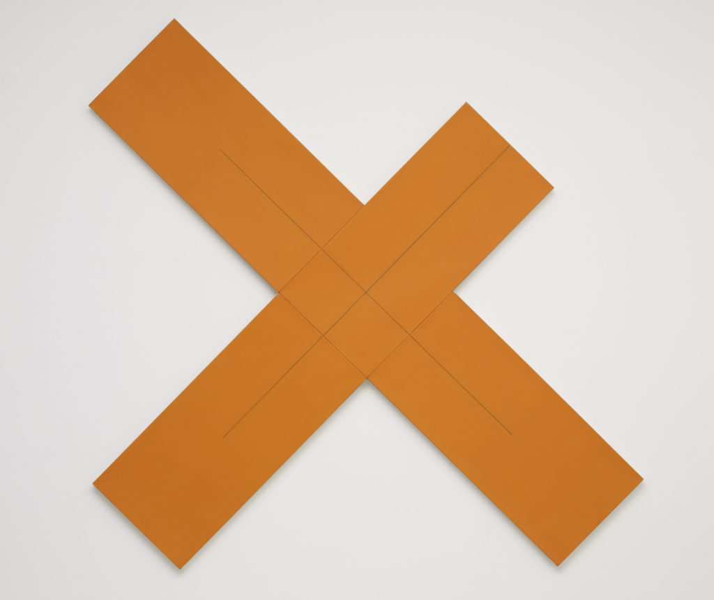 Robert Mangold, X Within X (Orange), 1980, acrylic and black pencil on canvas (four parts), 180 x 222 cm, Private collection, Brussels. Photography by Robert Mangold.
