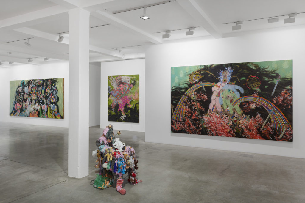 Hyon Gyon, Hello Another Me, 2011, Turn Around, Turn Around, 2011, I Lived Well, 2016, and Flame, 2010 (left to right), installation view at Parasol unit, London, 2019. Photography by Benjamin Westoby.
