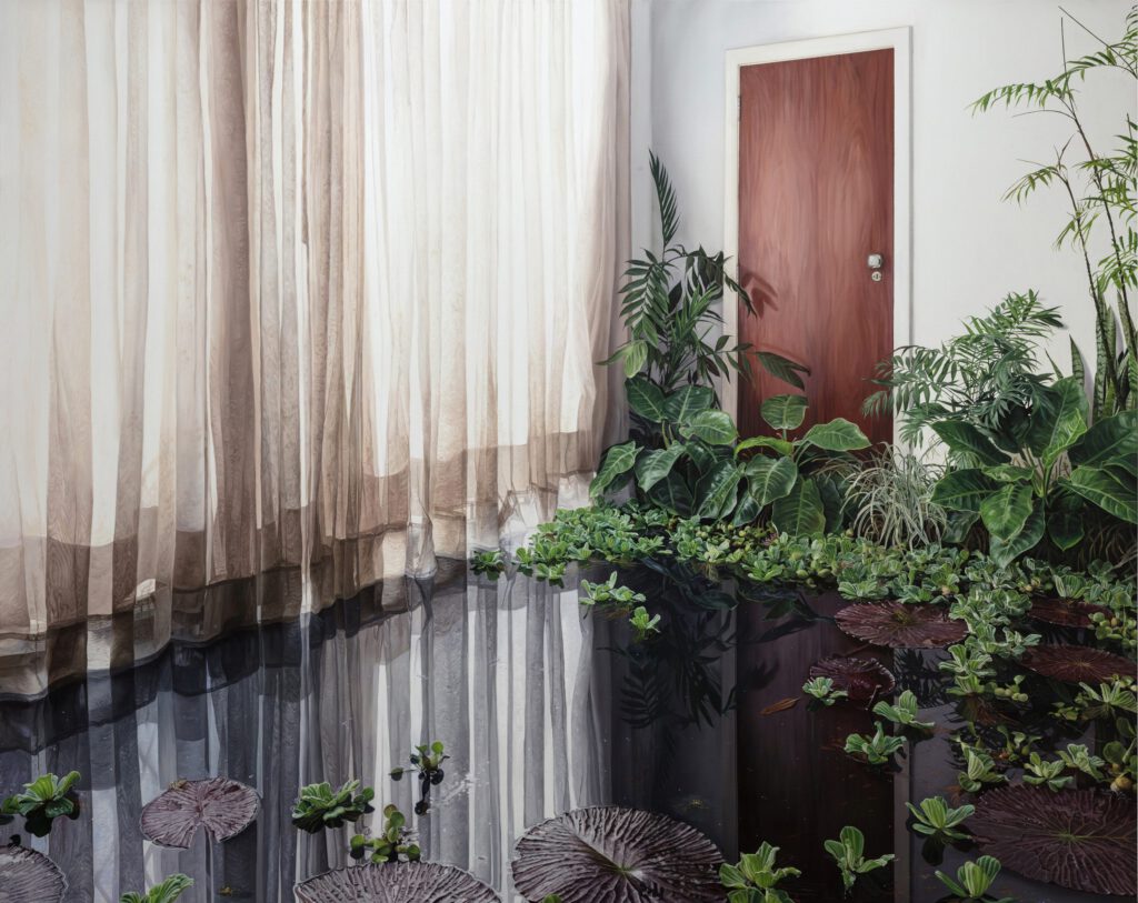 Water filled interior room with plants