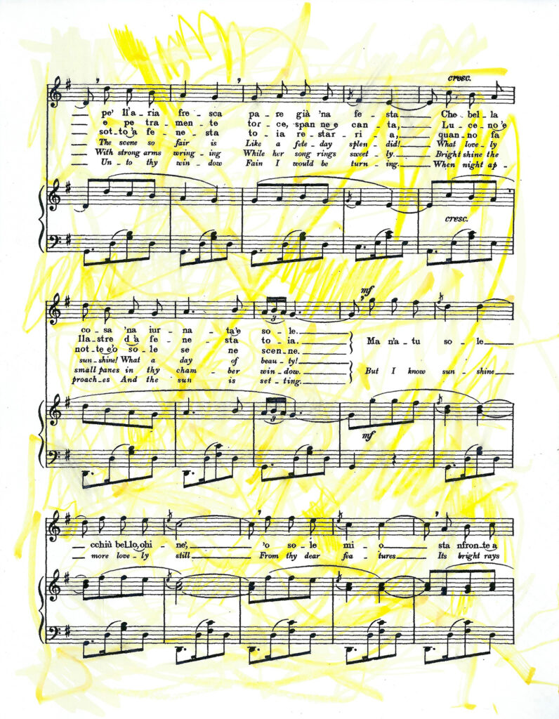 Sheet music of the O Sole Mio with automatic drawing in yellow pencil and marker