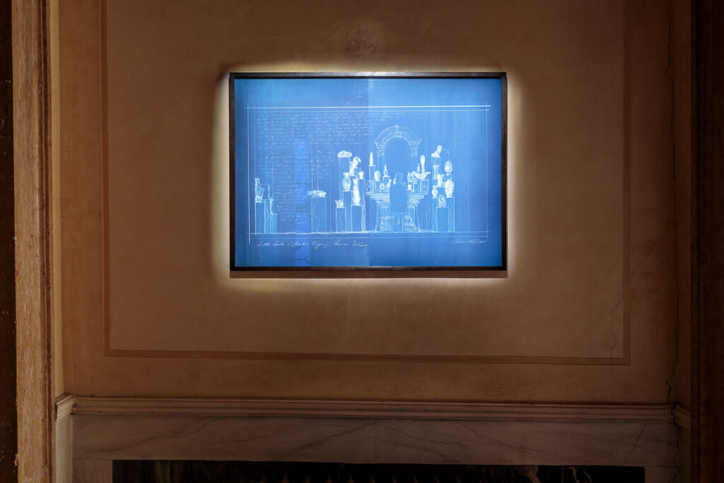 Oliver Beer, Cyanotype Drawing for Little Gods (Chamber Organ), 2022, installation view at Uncombed, Unforeseen, Unconstrained, Conservatorio di Musica Benedetto Marcello, 2022. Photo: Francesco Allegretto
